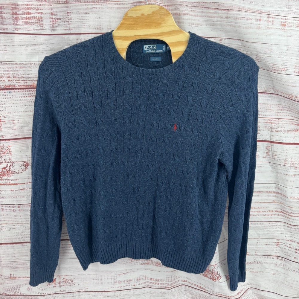 Polo Ralph Lauren Sweater Mens XL Navy Blue Silk Cable Knit Crewneck Pony